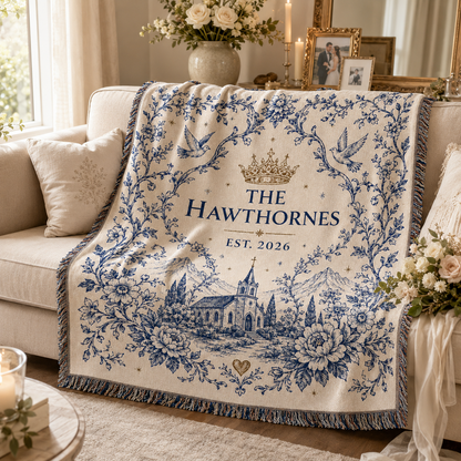 Personalized wedding woven blanket softly draped on a cream sofa with floral doves and custom family name design