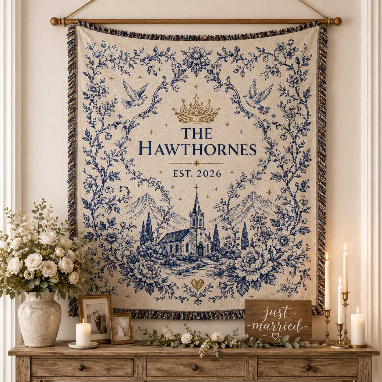 Personalized wedding woven blanket displayed as elegant wall decor with family name, crown, doves and chapel design