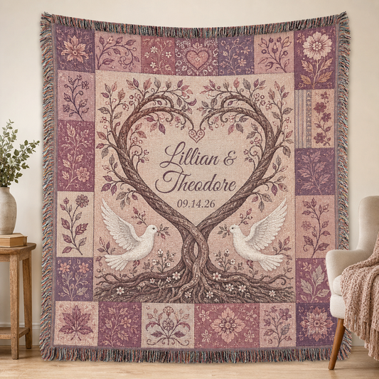 Personalized Heart Tree Dove wedding woven blanket with Lillian and Theodore, 09.14.26