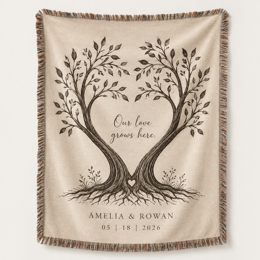 Personalized Heart Tree wedding woven blanket with Amelia and Rowan, 05 18 2026