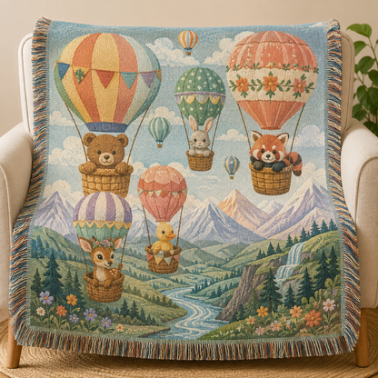Hot air balloon animals woven blanket with mountain landscape and fringe