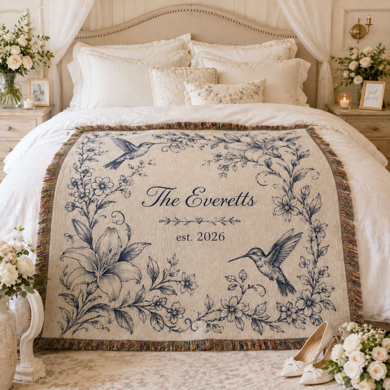 Personalized floral hummingbird wedding woven blanket styled across a romantic bedroom bed