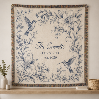 Personalized floral hummingbird wedding woven blanket with family name The Everetts and est. 2026