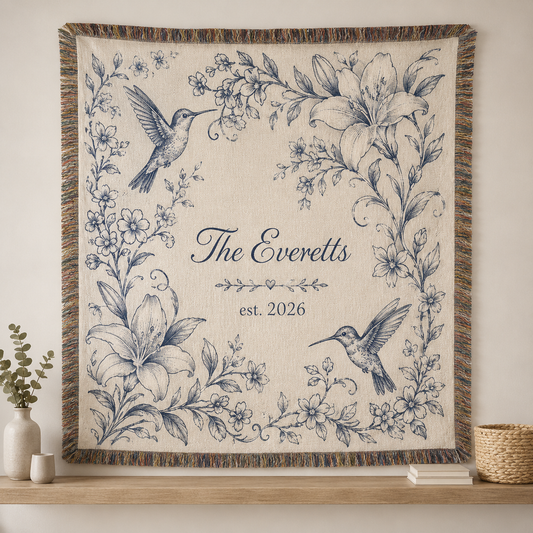 Personalized floral hummingbird wedding woven blanket with family name The Everetts and est. 2026