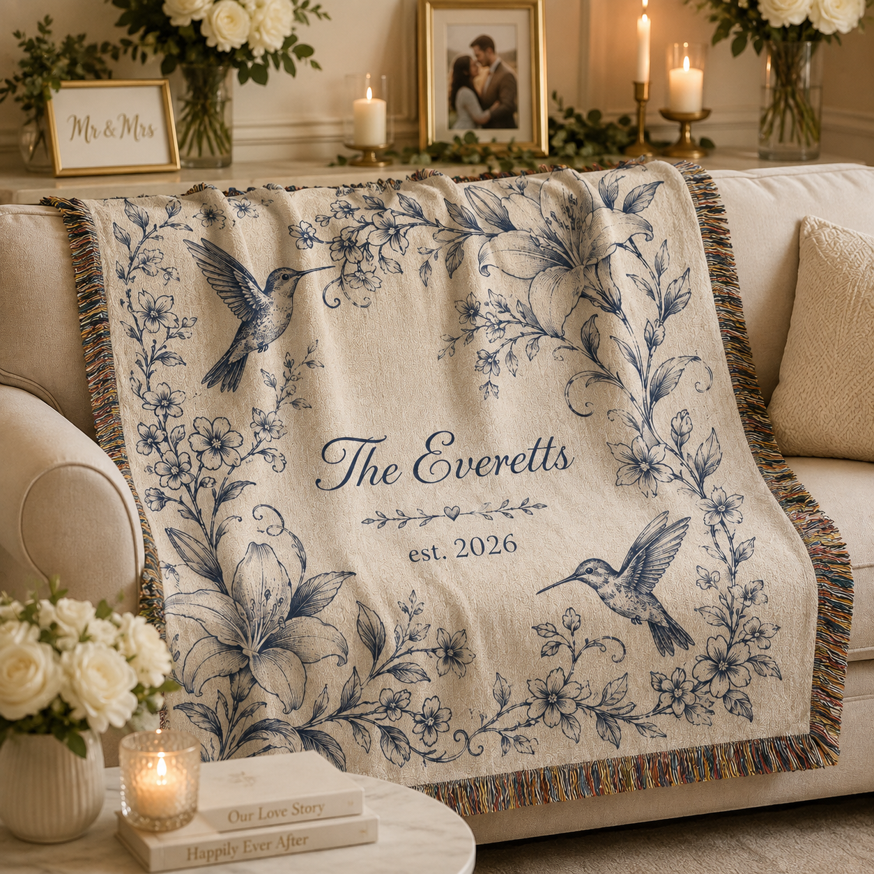 Personalized floral hummingbird wedding woven blanket softly draped on a neutral sofa