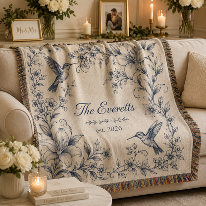 Personalized floral hummingbird wedding woven blanket softly draped on a neutral sofa