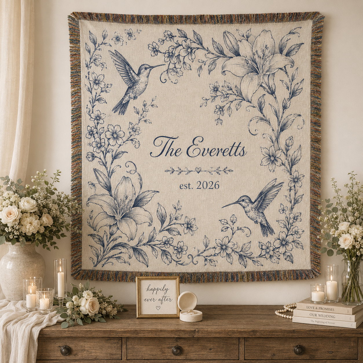 Personalized floral hummingbird wedding woven blanket displayed as elegant wall decor