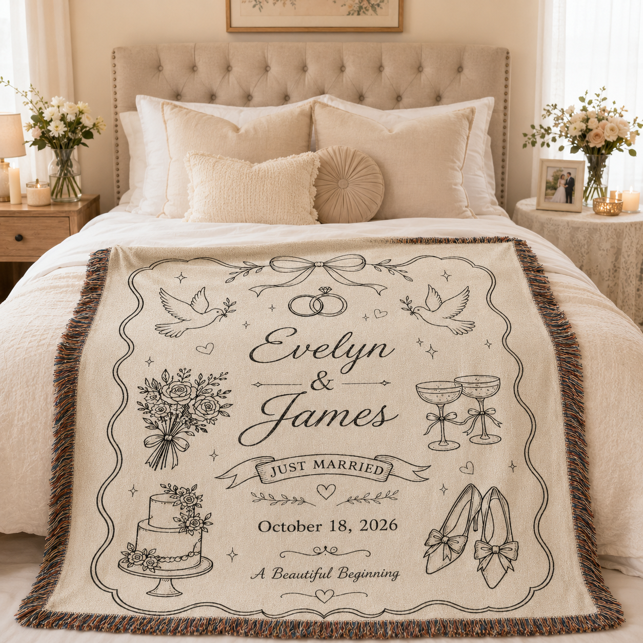 Personalized wedding woven blanket styled across the foot of a romantic neutral bed