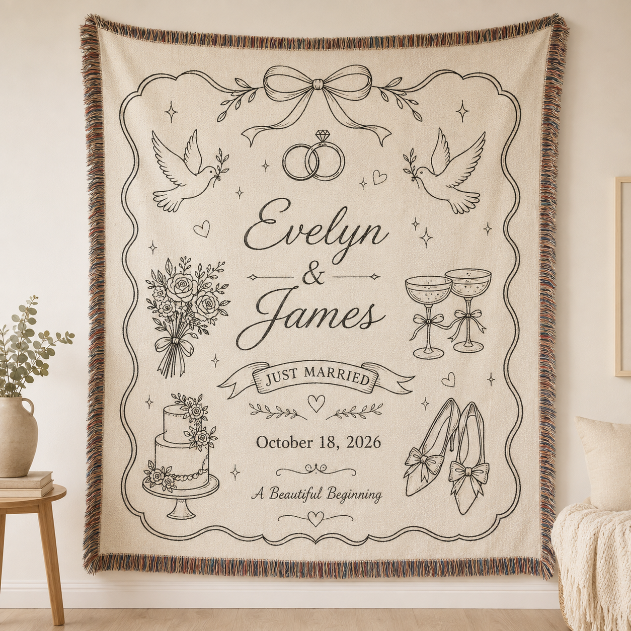 Personalized wedding woven blanket with couple names, wedding date, doves, rings and Just Married line art