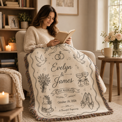 Personalized wedding woven blanket used in a cozy reading nook with soft natural folds