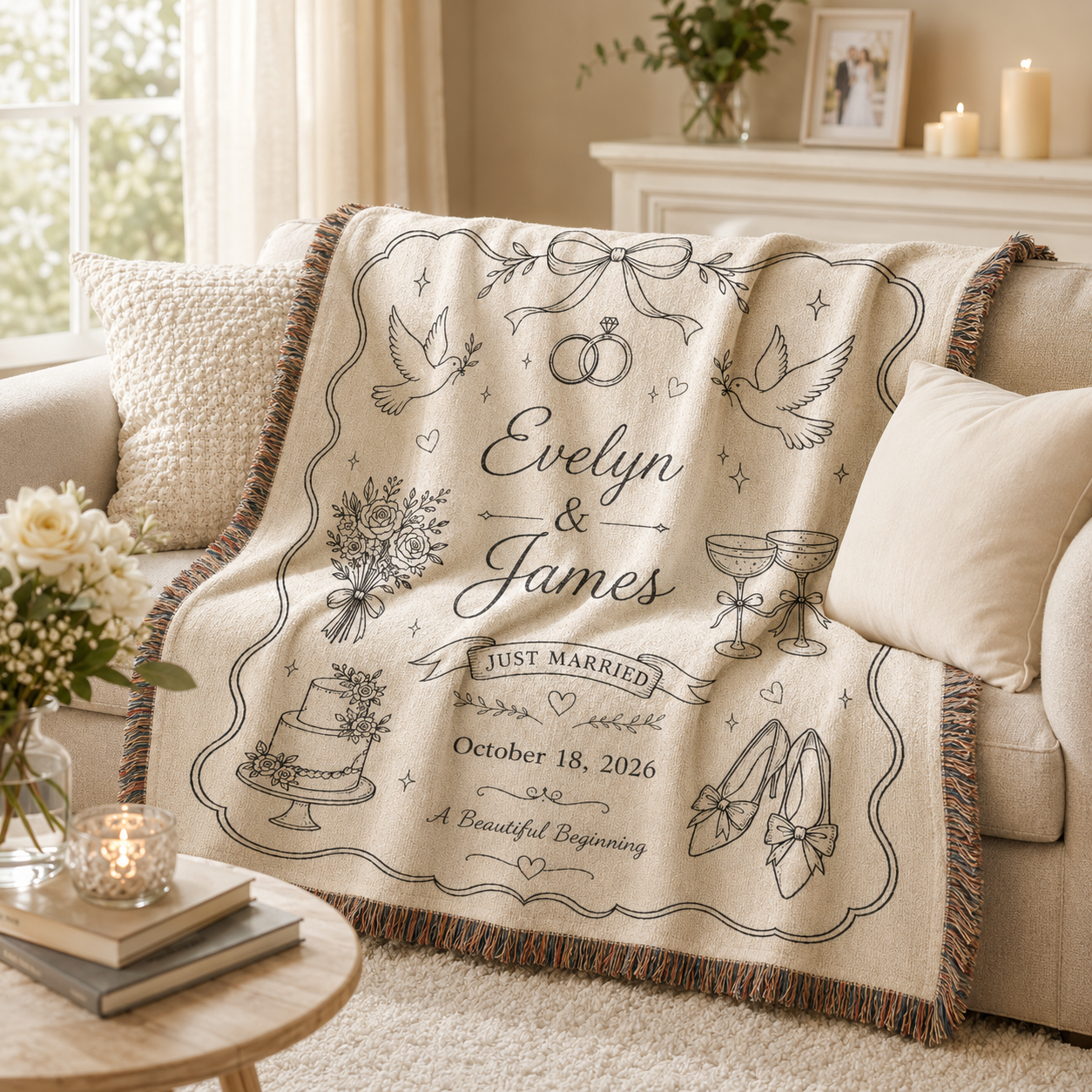 Personalized wedding woven blanket softly draped on a neutral sofa with romantic wedding decor