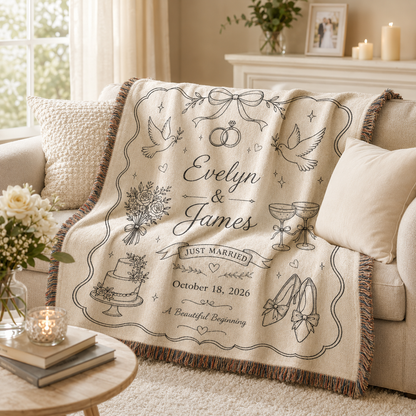 Personalized wedding woven blanket softly draped on a neutral sofa with romantic wedding decor