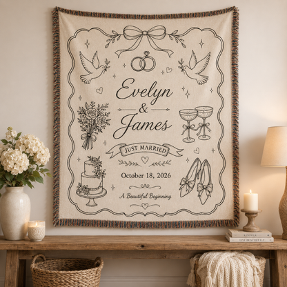 Personalized wedding woven blanket displayed as elegant wall decor above a rustic console