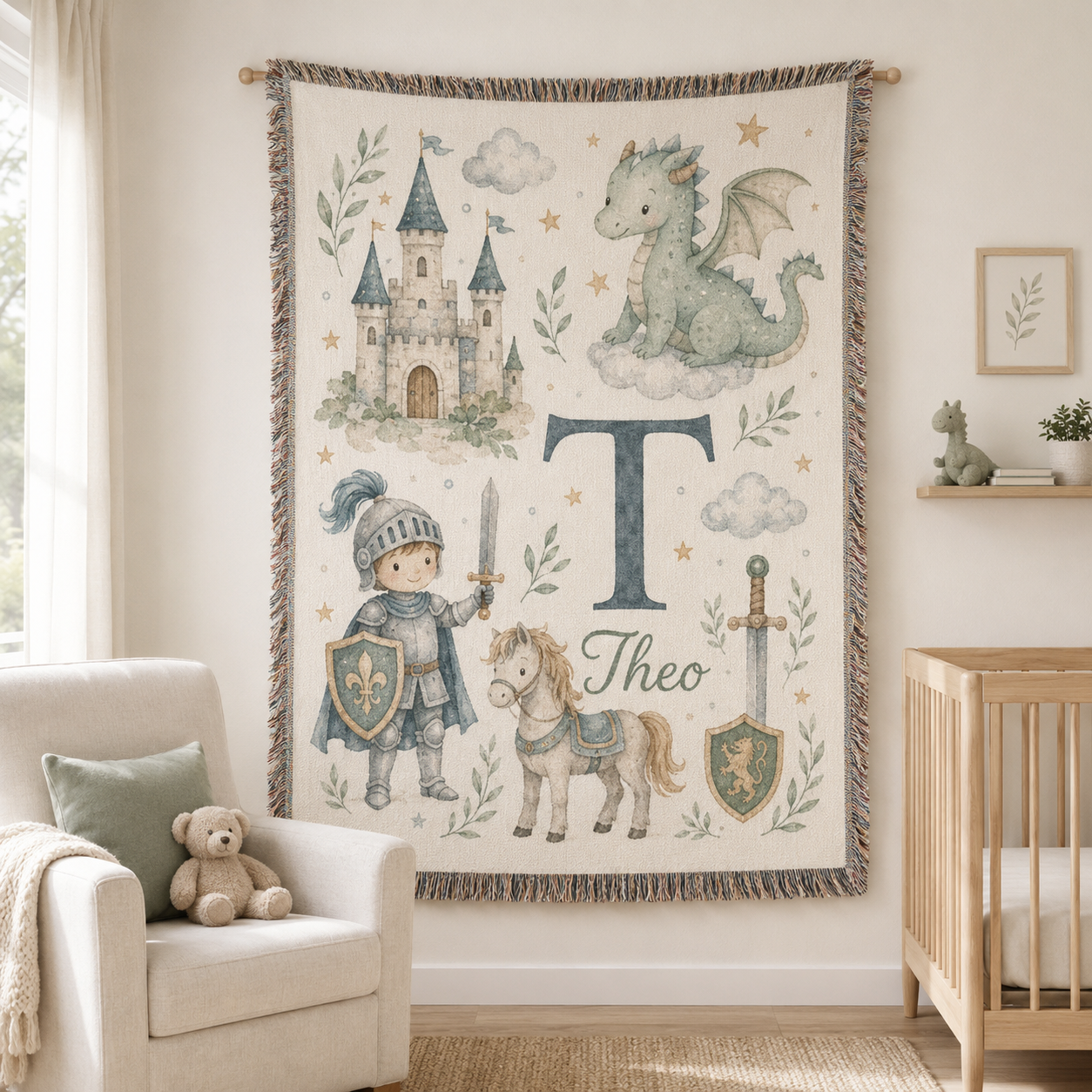 Personalized knight and dragon woven tapestry blanket with custom initial and name in a nursery
