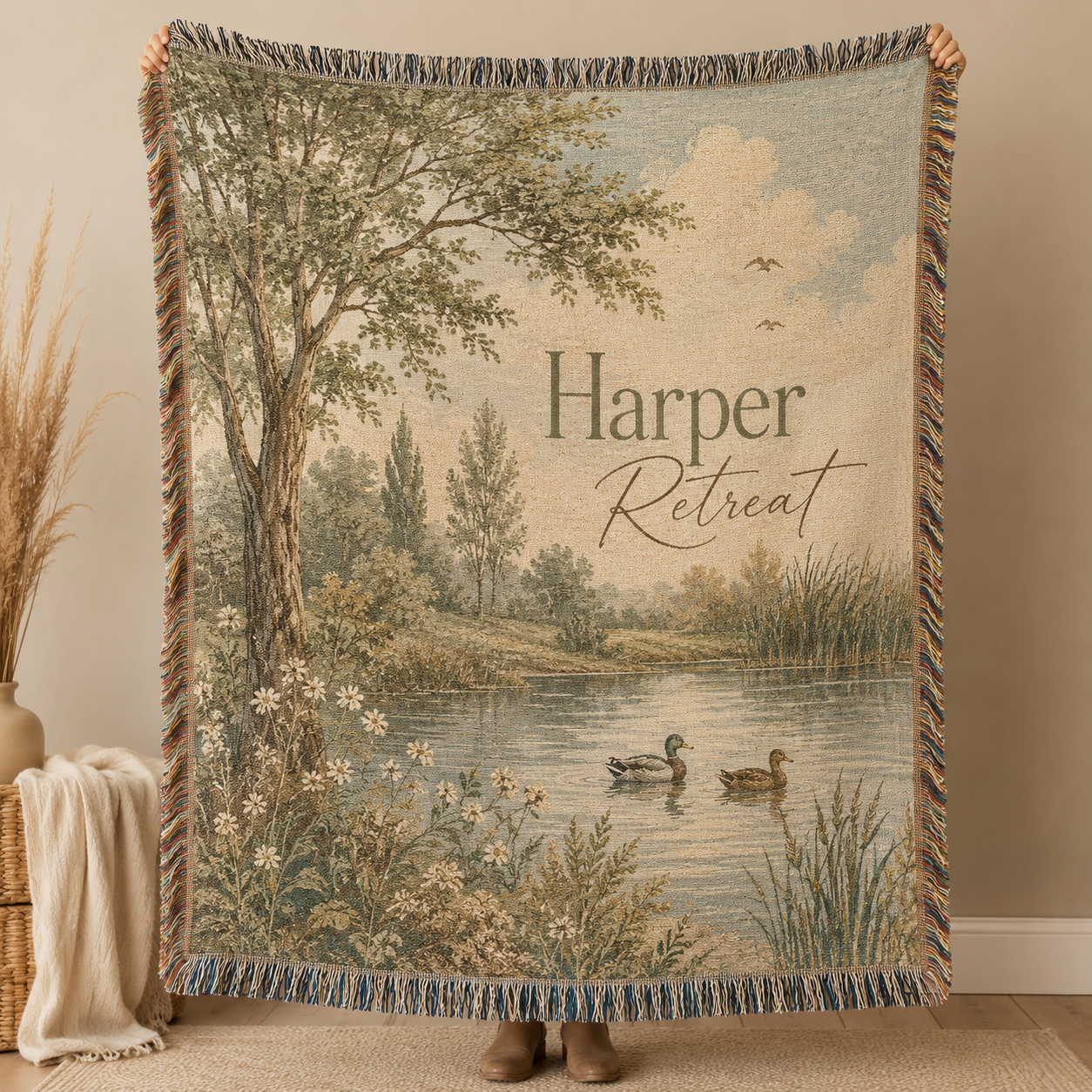 Personalized lakeside retreat woven blanket with woodland trees, wildflowers and ducks