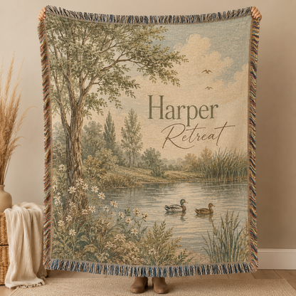 Personalized lakeside retreat woven blanket with woodland trees, wildflowers and ducks