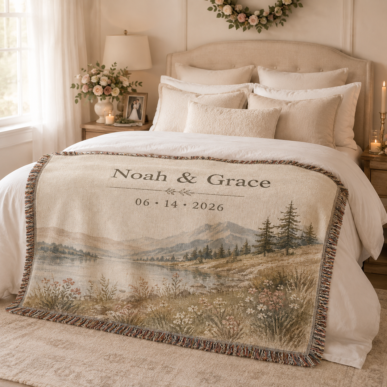 Personalized lakeside wedding woven blanket styled across a romantic bedroom bed