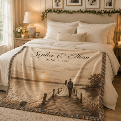 Personalized lakeside wedding woven blanket styled across a romantic bedroom bed