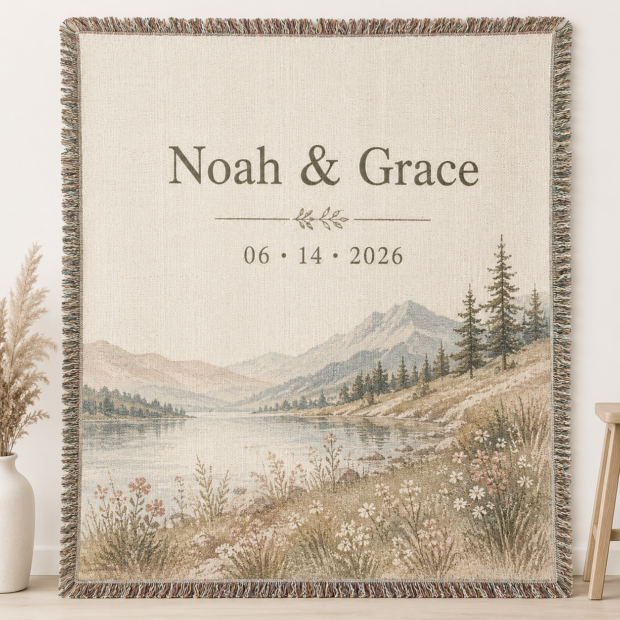 Personalized lakeside wedding woven blanket with custom couple names and date