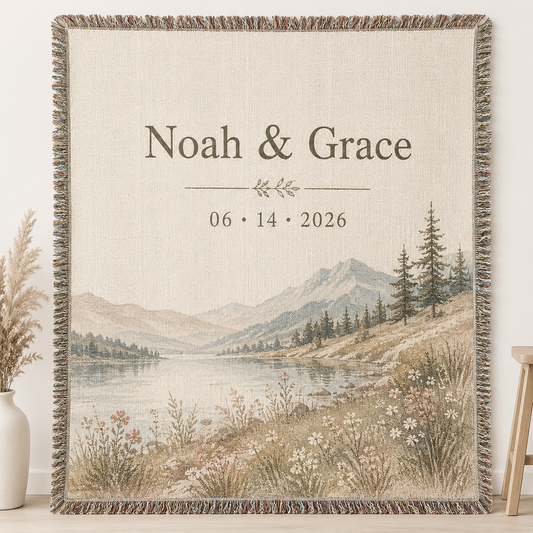 Personalized lakeside wedding woven blanket with custom couple names and date