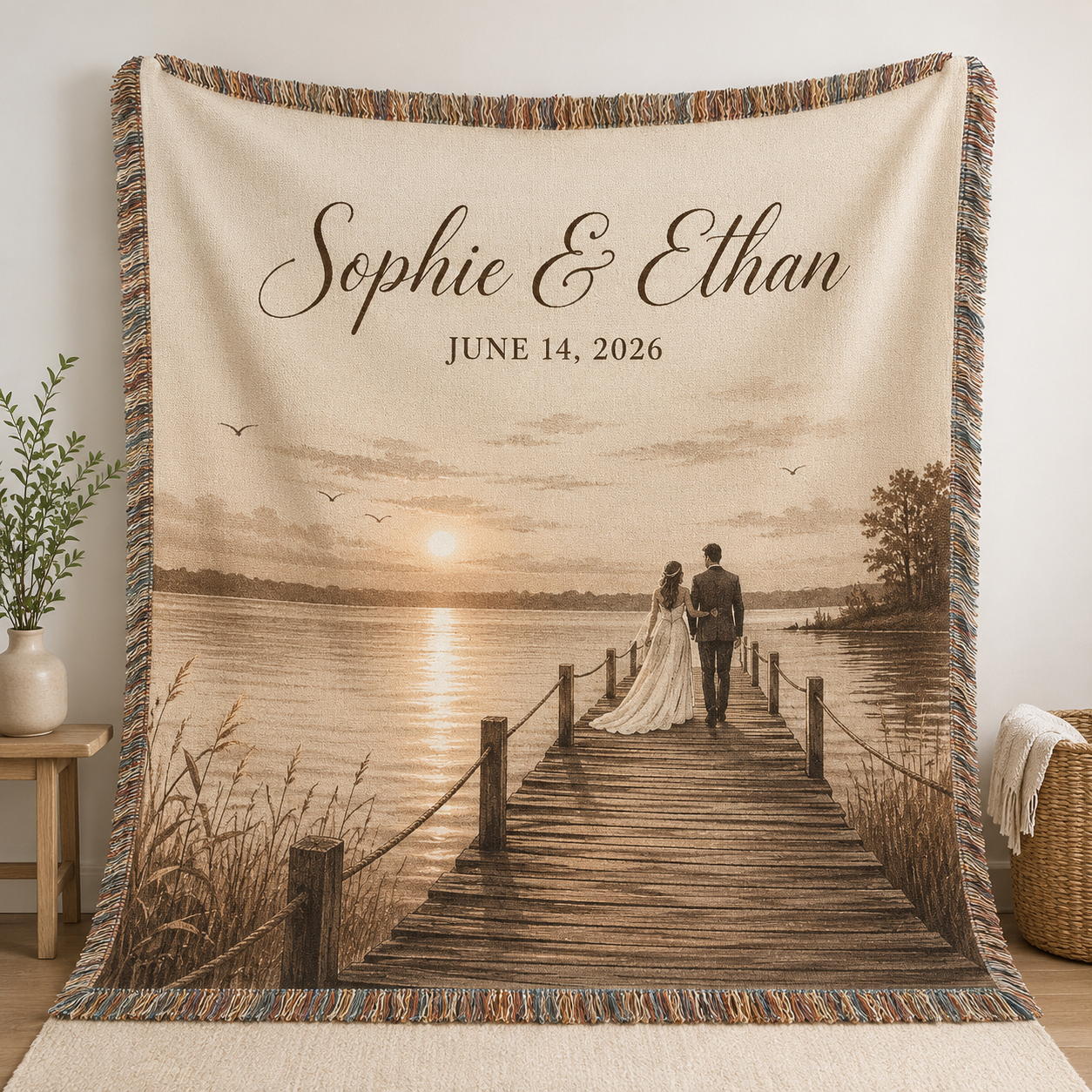 Personalized lakeside wedding woven blanket with custom couple names and date
