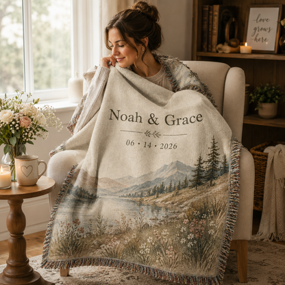 Personalized lakeside wedding woven blanket used in a cozy reading nook