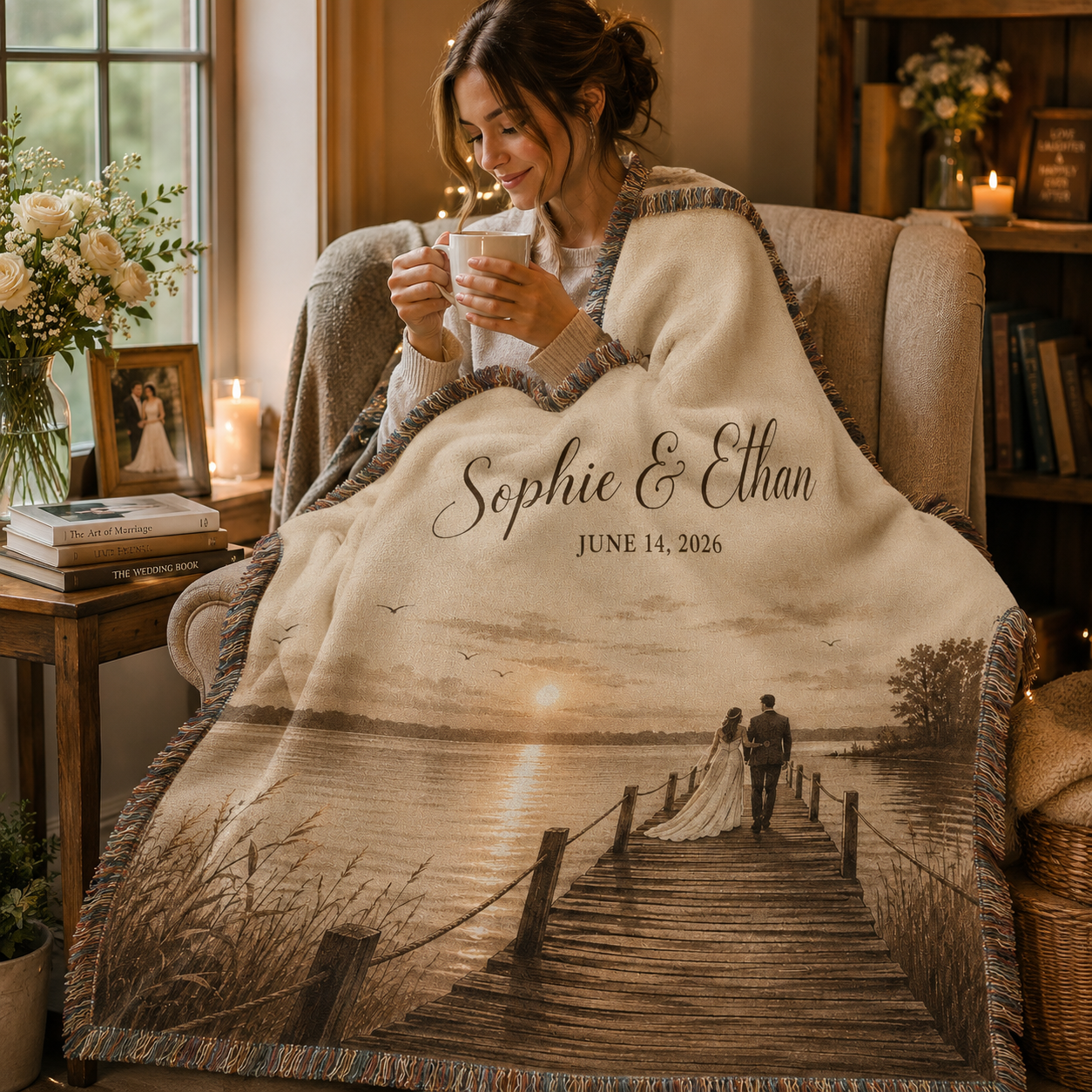 Personalized lakeside wedding woven blanket used in a cozy reading nook