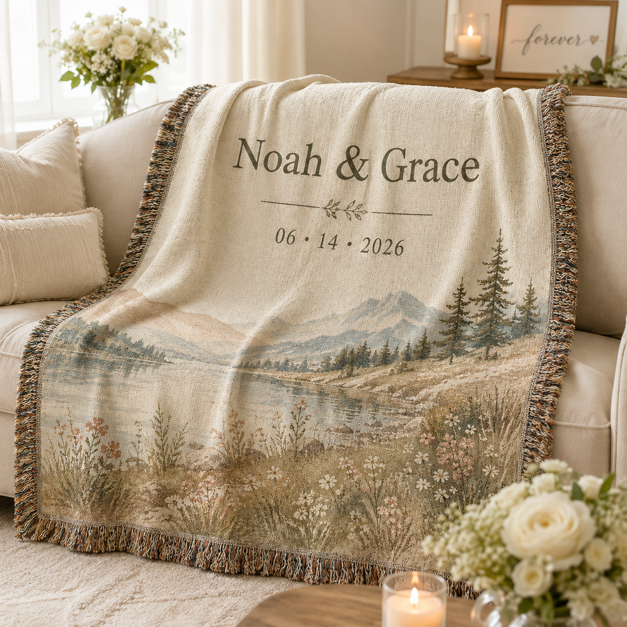 Personalized lakeside wedding woven blanket softly draped on a neutral sofa