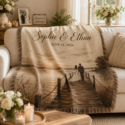 Personalized lakeside wedding woven blanket softly draped on a neutral sofa