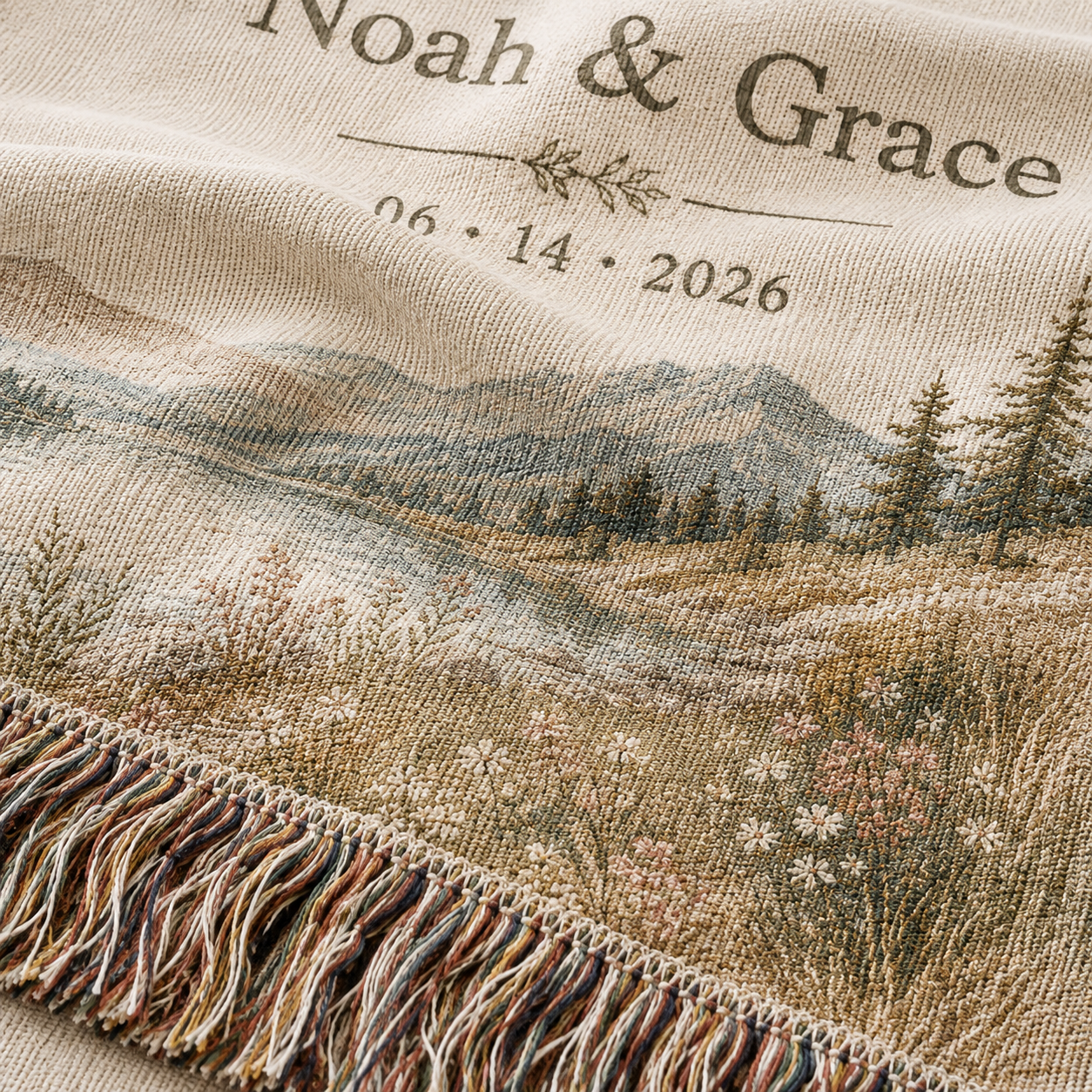 Macro detail of woven texture and multicolor fringe on personalized lakeside wedding blanket