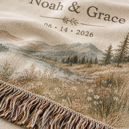 Macro detail of woven texture and multicolor fringe on personalized lakeside wedding blanket