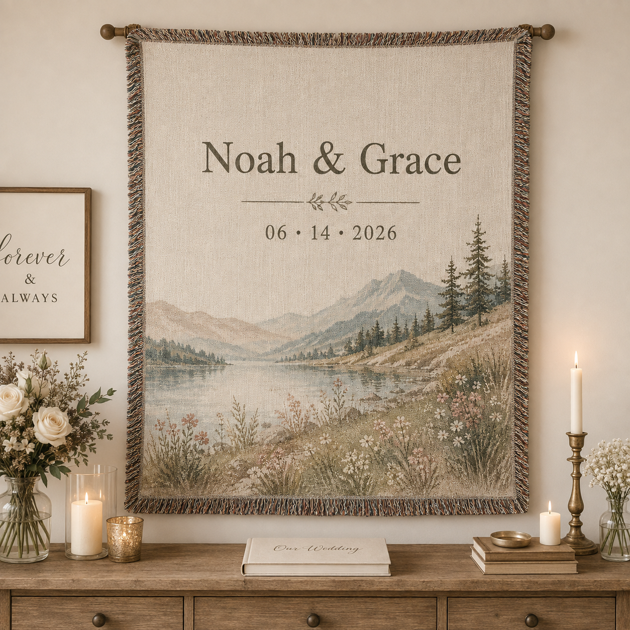 Personalized lakeside wedding woven blanket displayed as romantic wall decor