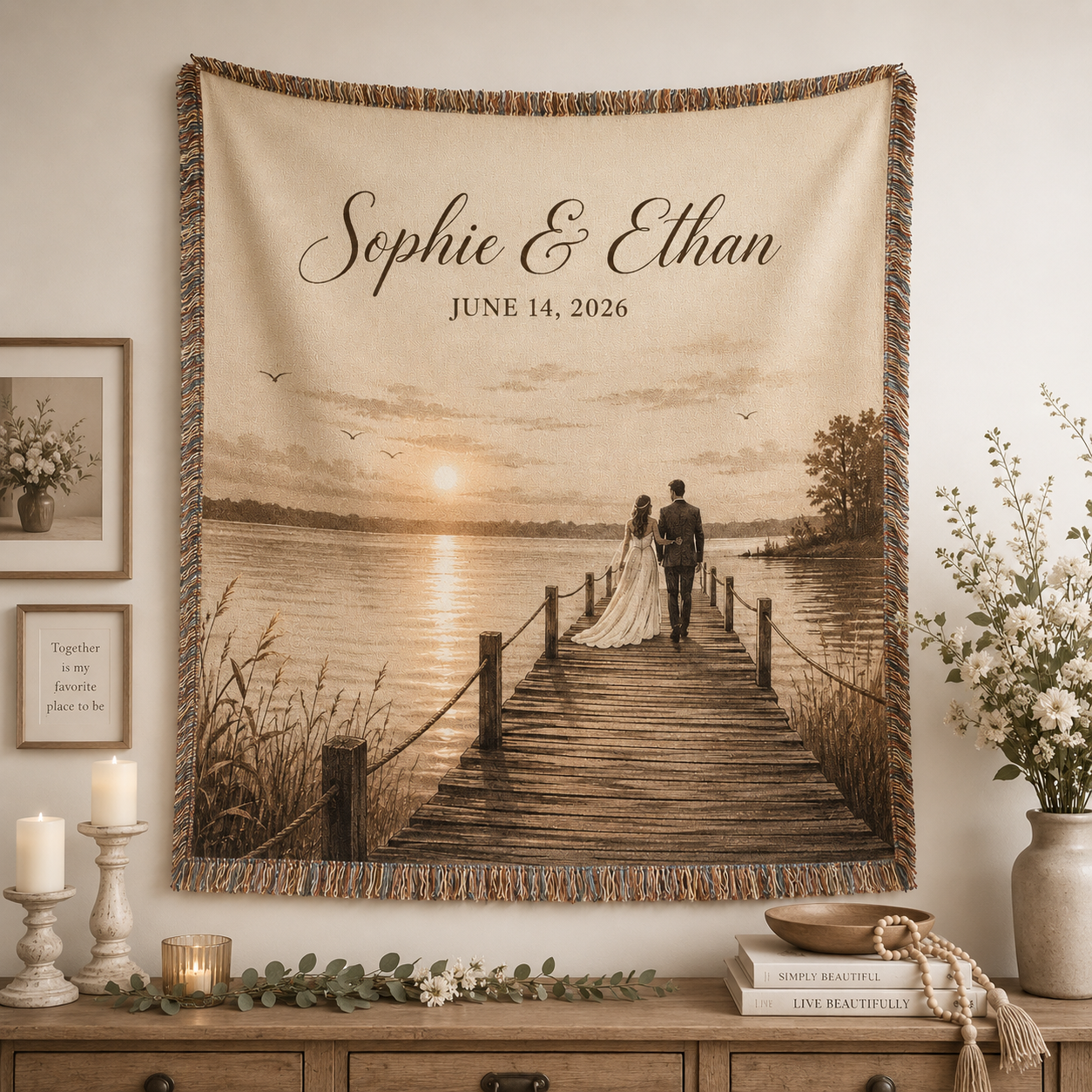 Personalized lakeside wedding woven blanket displayed as romantic textile wall decor
