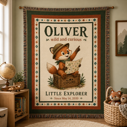 Personalized Little Explorer fox woven blanket with custom name and date