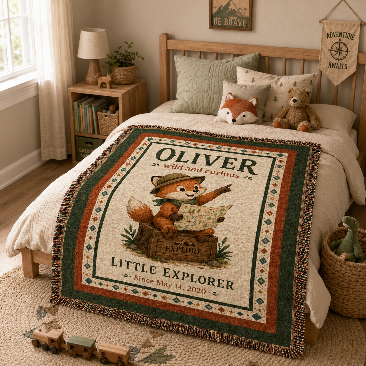 Custom Little Explorer fox woven blanket styled on a child’s bed