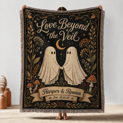 Personalized Love Beyond the Veil ghost couple woven blanket with custom names and date