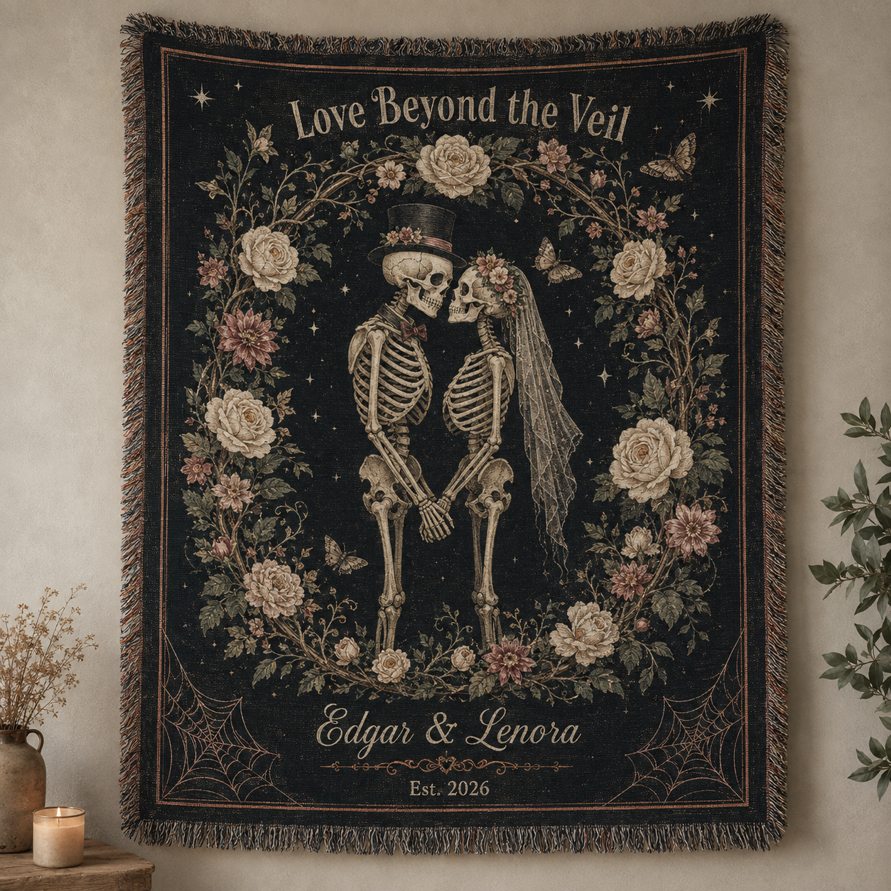 Personalized Love Beyond the Veil skeleton couple woven blanket with floral wreath, spiderwebs, names and established year