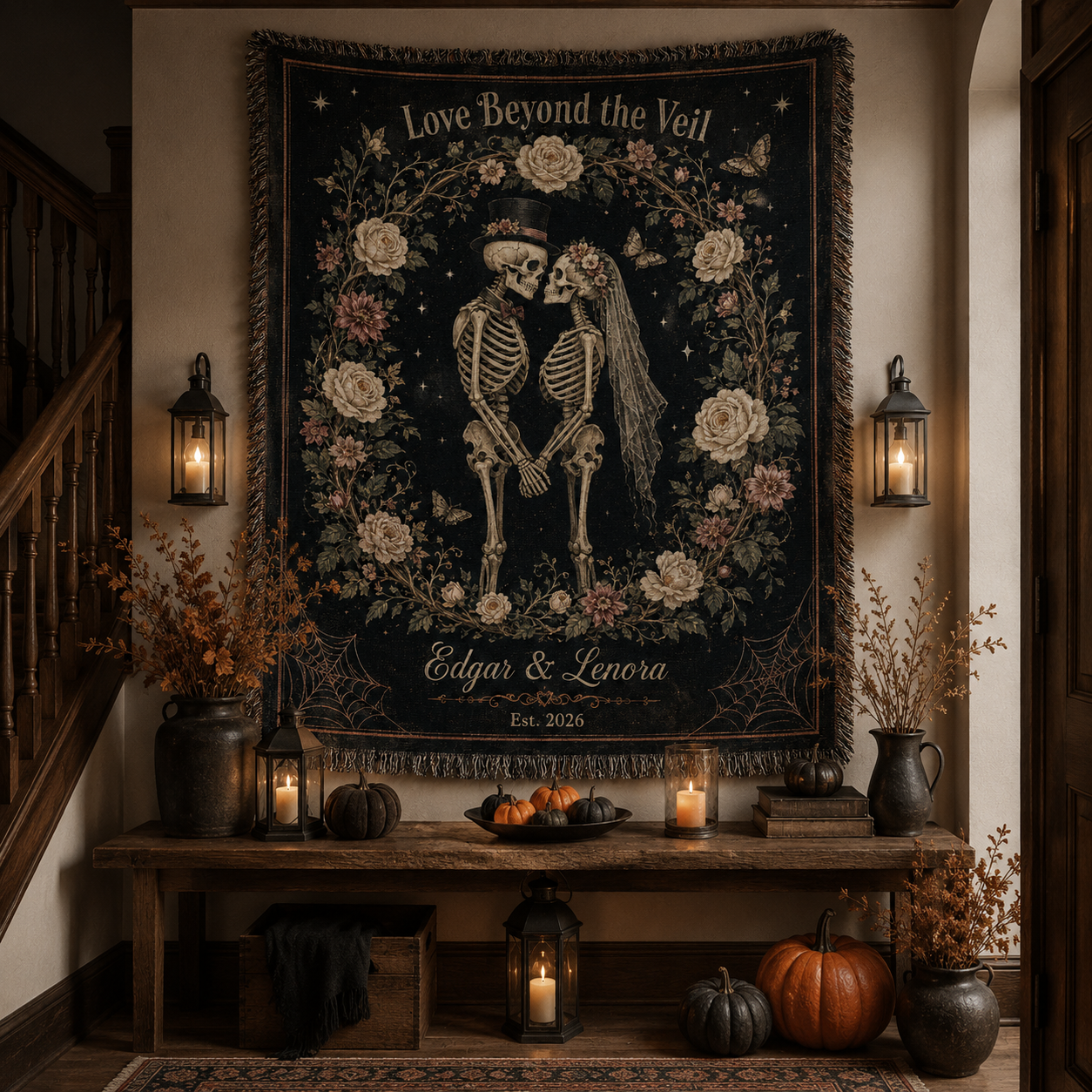 Personalized Love Beyond the Veil skeleton couple woven blanket displayed as gothic Halloween wall tapestry