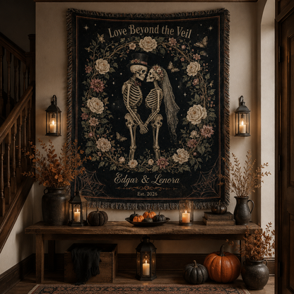 Personalized Love Beyond the Veil skeleton couple woven blanket displayed as gothic Halloween wall tapestry