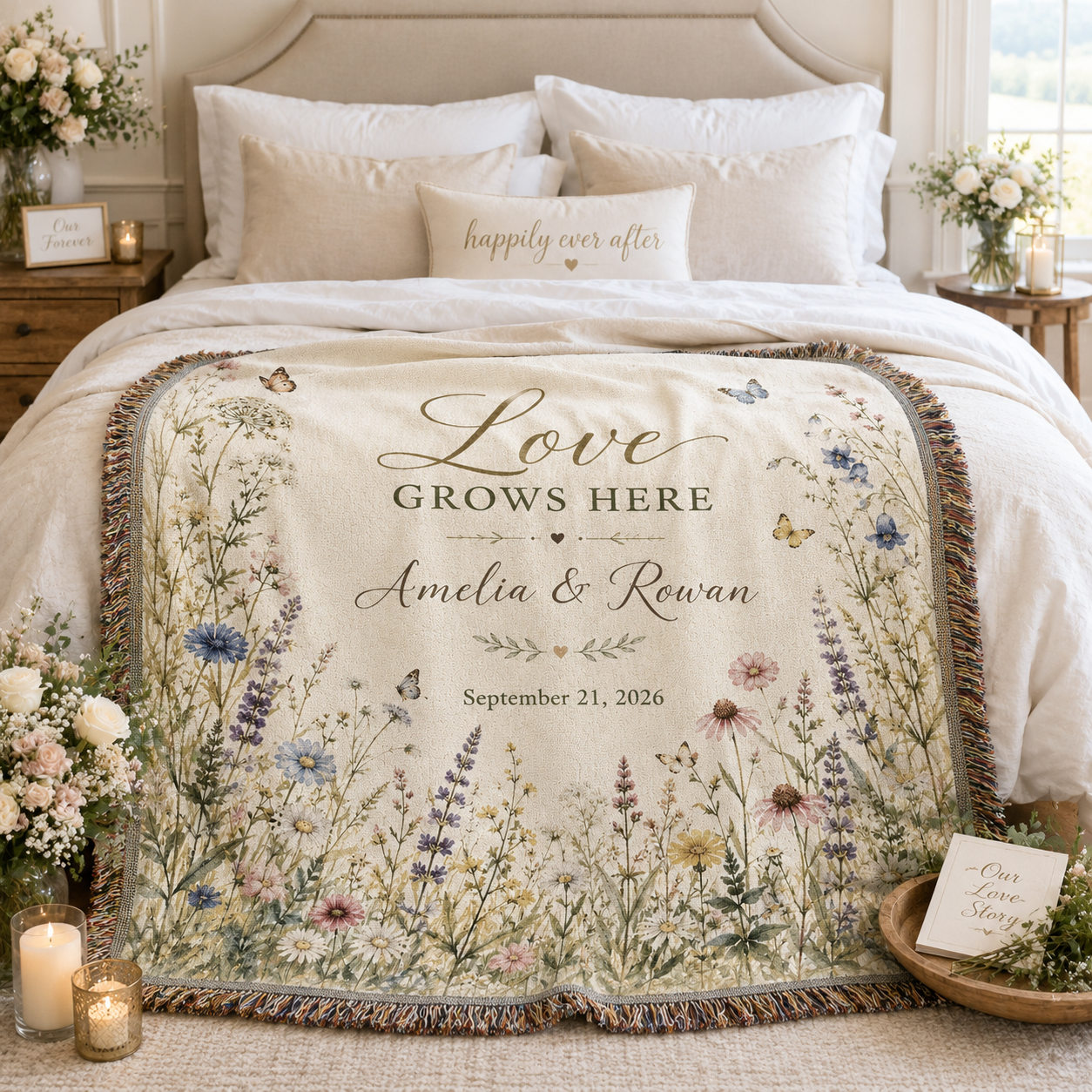 Personalized Love Grows Here wildflower wedding woven blanket styled across a romantic neutral bedroom bed