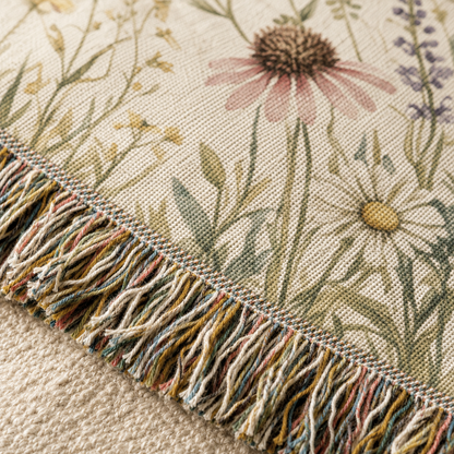 Macro close up of wildflower wedding woven blanket showing woven yarn texture and multicolor fringe