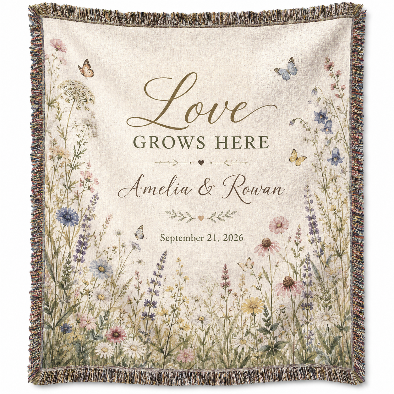 Personalized Love Grows Here wildflower wedding woven blanket with custom couple names and date, full product view