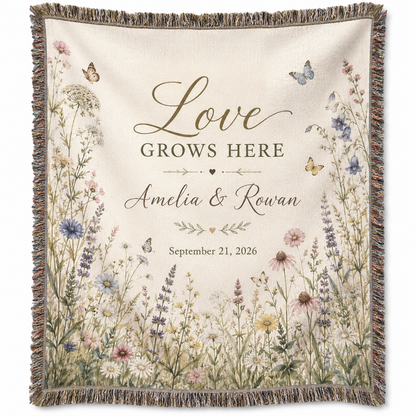 Personalized Love Grows Here wildflower wedding woven blanket with custom couple names and date, full product view
