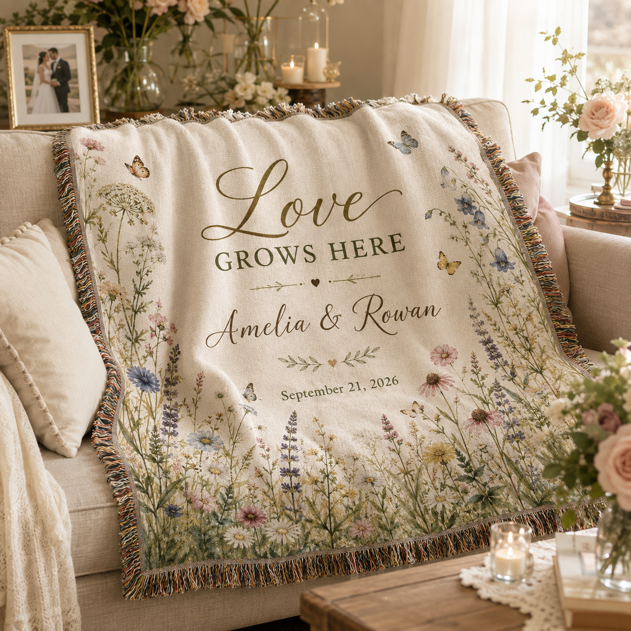 Personalized wildflower wedding woven blanket softly draped on a neutral sofa with romantic wedding decor