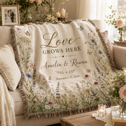 Personalized wildflower wedding woven blanket softly draped on a neutral sofa with romantic wedding decor