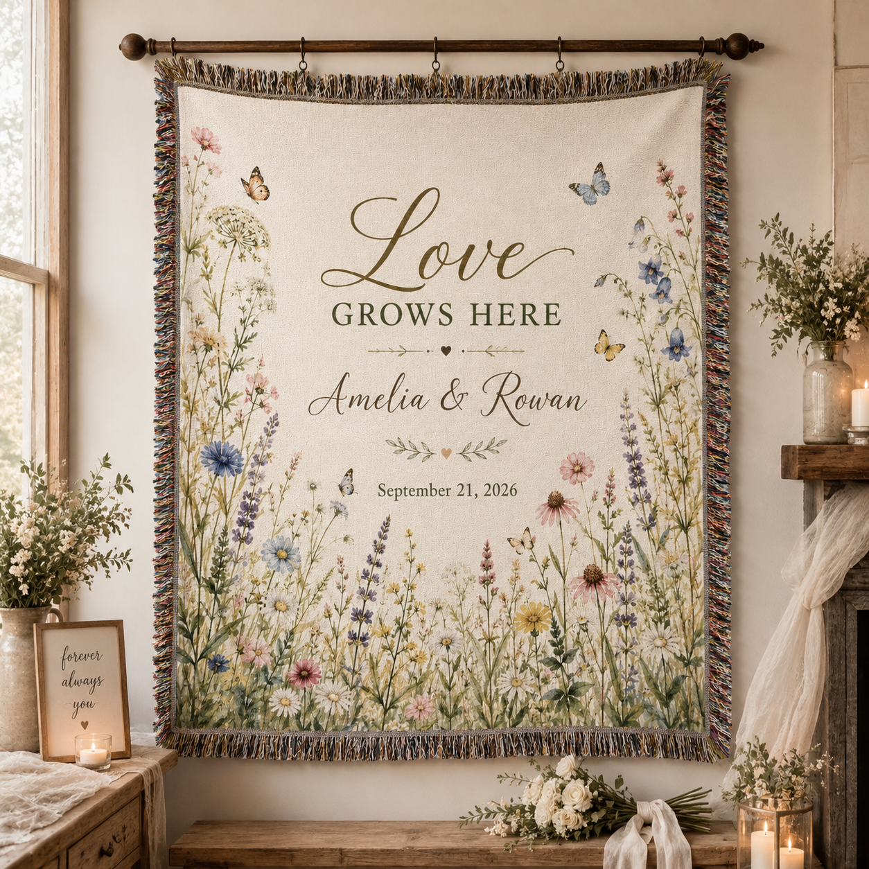 Personalized wildflower wedding woven blanket displayed as romantic wall decor with custom couple names and date
