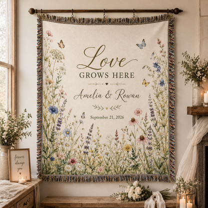 Personalized wildflower wedding woven blanket displayed as romantic wall decor with custom couple names and date