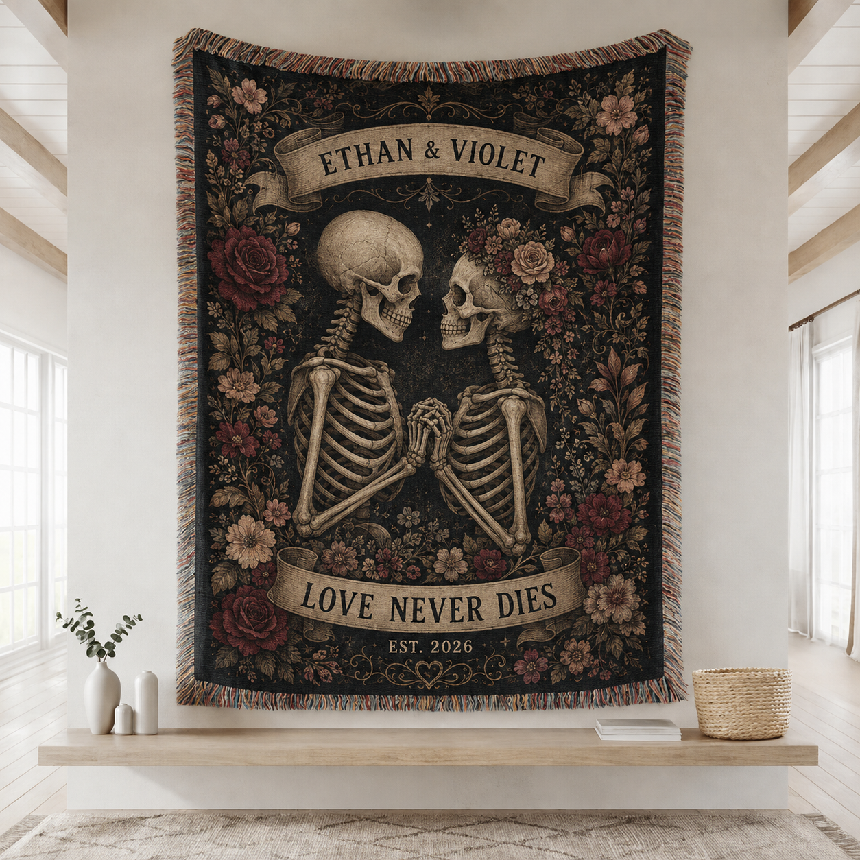 Personalized Love Never Dies skeleton couple Halloween woven blanket with custom names and year