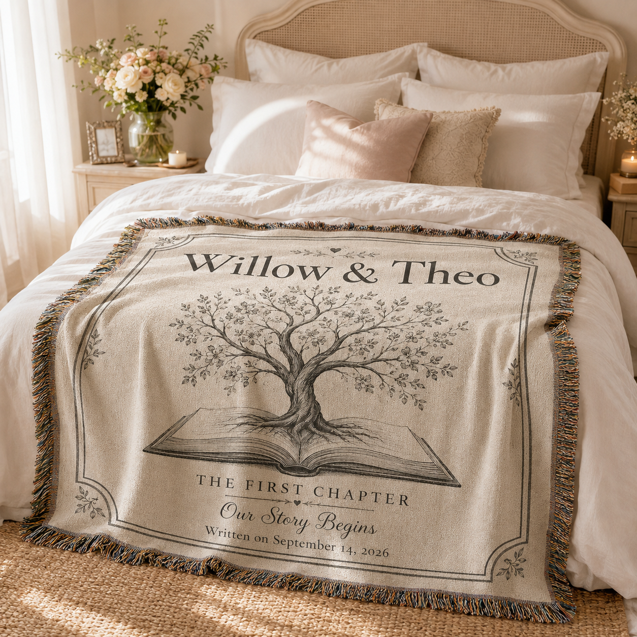 Personalized love story wedding woven blanket styled across a romantic bedroom bed