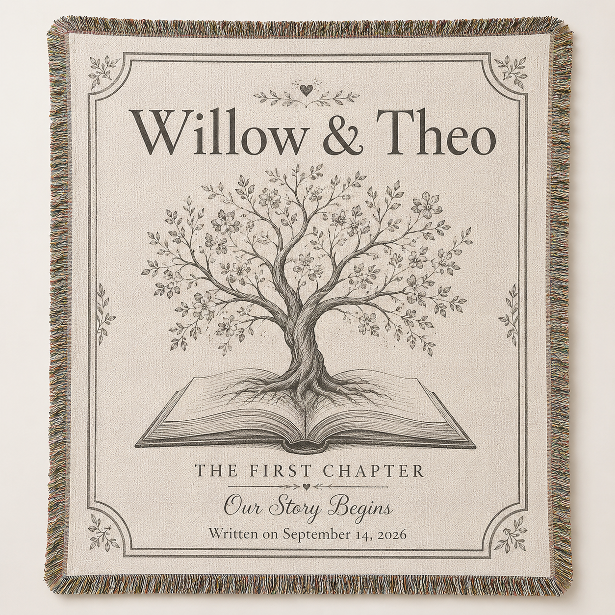 Personalized love story wedding woven blanket with custom couple names Willow and Theo